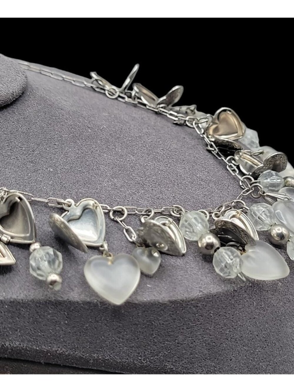 Love Choker Necklace 16" Frost Glass 8 Silver Plated Double Photo Locket Charms - Picture 4 of 15